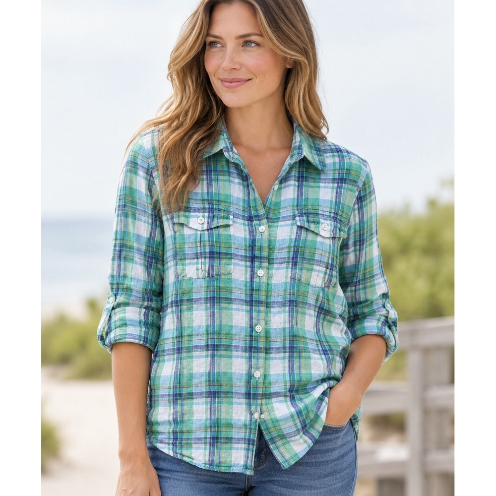 LL Bean 100% Linen Plaid Button Down Shirt Blue Womans M Cottagecore Western EUC